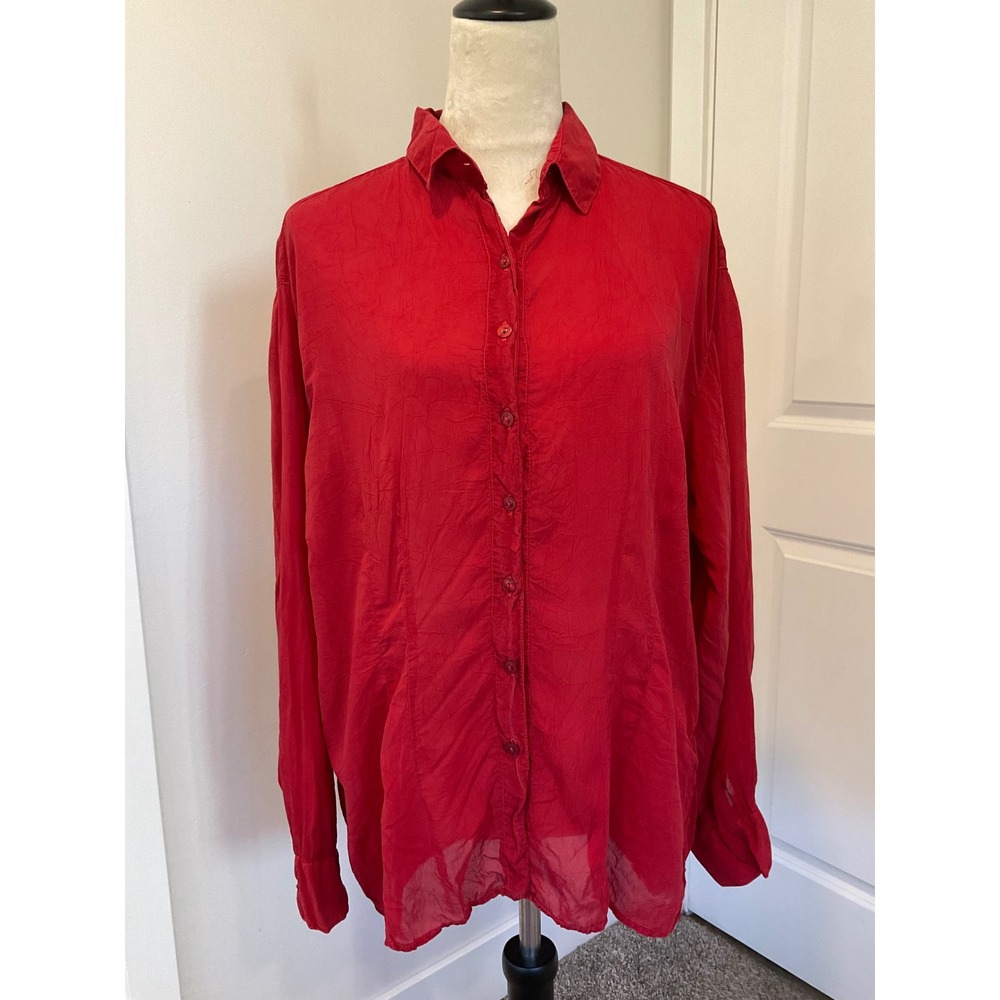 Tianello Sienna Red Crinkle Rayon Button Down Blouse Shirt Made in USA Lagenlook